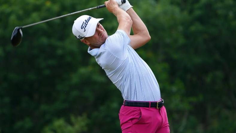 Jun 18, 2022; Brookline, Massachusetts, USA; Justin Thomas plays his shot from the eighth tee during the third round of the U.S. Open golf tournament. Mandatory Credit: Peter Casey-USA TODAY Sports