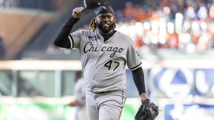Jun 18, 2022; Houston, Texas, USA; Chicago White Sox starting pitcher Johnny Cueto (47) at the end of the seventh inning against the Houston Astros at Minute Maid Park. Mandatory Credit: Thomas Shea-USA TODAY Sports