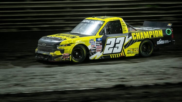 NASCAR Camping World Truck Series driver Grant Enfinger (23) races during the Clean Harbors 150 presented by Premier Chevy Dealers, Saturday, June 18, 2022, at Knoxville Raceway in Knoxville, Iowa.220618 Nascar Trucks Ia 022 Jpg