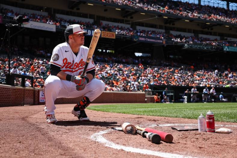Jun 19, 2022; Baltimore, Maryland, USA; Baltimore Orioles first baseman Ryan Mountcastle (6) looks on from the batters circle during the third inning of the game against the Tampa Bay Rays at Oriole Park at Camden Yards. Mandatory Credit: Scott Taetsch-USA TODAY Sports
