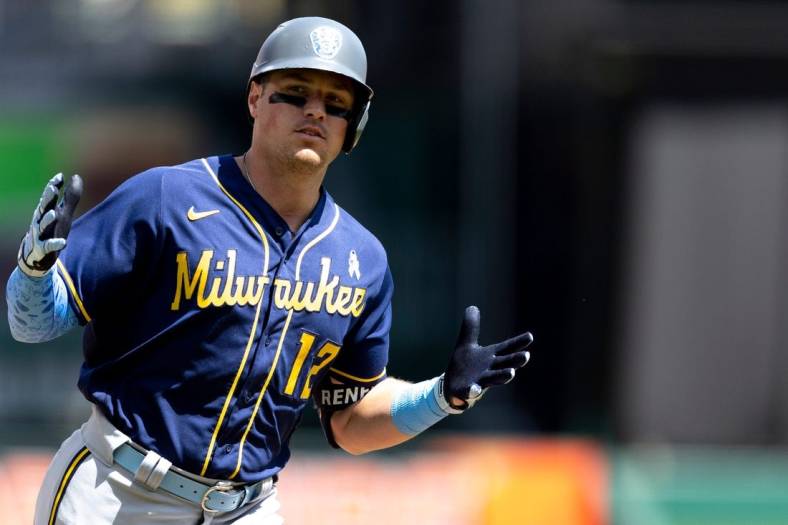 Milwaukee Brewers right fielder Hunter Renfroe (12) celebrates after hitting a 2-run home run in the seventh inning of the MLB game between the Cincinnati Reds and the Milwaukee Brewers in Cincinnati at Great American Ball Park on Sunday, June 19, 2022.

Milwaukee Brewers At Cincinnati Reds 41