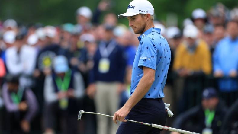 Jun 19, 2022; Brookline, Massachusetts, USA; Will Zalatoris looks on from the 18th green during the final round of the U.S. Open golf tournament. Mandatory Credit: Aaron Doster-USA TODAY Sports