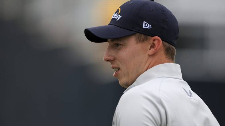 Jun 19, 2022; Brookline, Massachusetts, USA; Matthew Fitzpatrick poses for a photo with the US Open Championship Trophy after the final round of the U.S. Open golf tournament at The Country Club. Mandatory Credit: Aaron Doster-USA TODAY Sports