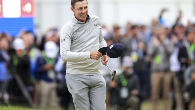 Jun 19, 2022; Brookline, Massachusetts, USA; Matthew Fitzpatrick reacts as he wins the U.S. Open golf tournament at The Country Club. Mandatory Credit: Aaron Doster-USA TODAY Sports