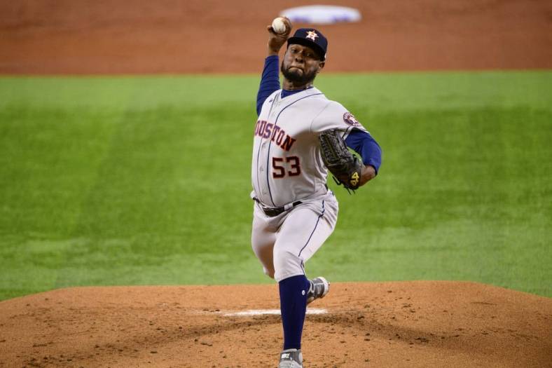 Jun 13, 2022; Arlington, Texas, USA; Houston Astros starting pitcher Cristian Javier (53) in action during the game between the Texas Rangers and the Houston Astros at Globe Life Field. Mandatory Credit: Jerome Miron-USA TODAY Sports