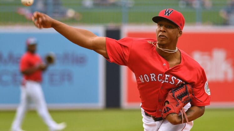 Worcester Red Sox pitching prospect Brayan Bello throws a pitch during Wedneday's game against the Toledo Mud Hens.CP 2