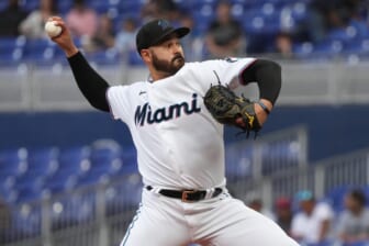 Jun 22, 2022; Miami, Florida, USA; Miami Marlins starting pitcher Pablo Lopez (49) delivers a pitch in the first half inning against the Colorado Rockies at loanDepot park. Mandatory Credit: Jasen Vinlove-USA TODAY Sports
