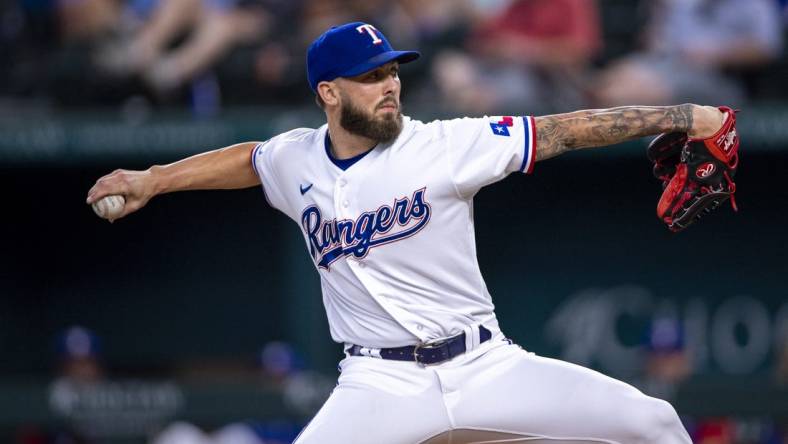 Jun 22, 2022; Arlington, Texas, USA; Texas Rangers relief pitcher Joe Barlow (68) pitches against the Philadelphia Phillies during the ninth inning at Globe Life Field. Mandatory Credit: Jerome Miron-USA TODAY Sports