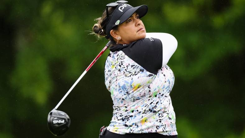 Jun 23, 2022; Bethesda, Maryland, USA; Lizette Salas plays her shot from the 11th tee during the first round of the KPMG Women's PGA Championship golf tournament at Congressional Country Club. Mandatory Credit: Scott Taetsch-USA TODAY Sports