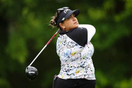 Jun 23, 2022; Bethesda, Maryland, USA; Lizette Salas plays her shot from the 11th tee during the first round of the KPMG Women's PGA Championship golf tournament at Congressional Country Club. Mandatory Credit: Scott Taetsch-USA TODAY Sports