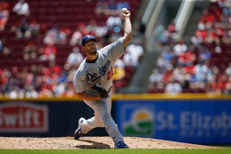 Los Angeles Dodgers starting pitcher Clayton Kershaw (22) throws a pitch in the second inning of the MLB National League game between the Cincinnati Reds and the Los Angeles Dodgers at Great American Ball Park in downtown Cincinnati on Thursday, June 23, 2022.

Los Angeles Dodgers At Cincinnati Reds
