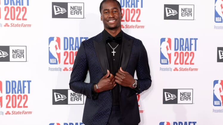 Jun 23, 2022; Brooklyn, NY, USA; AJ Griffin (Duke) poses for photos on the red carpet before the 2022 NBA Draft at Barclays Center. Mandatory Credit: Brad Penner-USA TODAY Sports