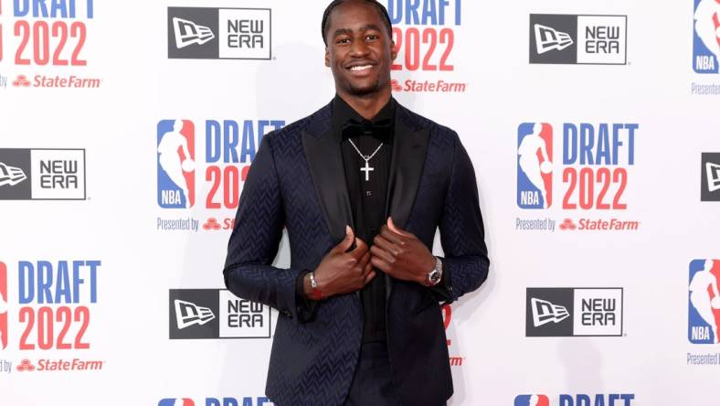 Jun 23, 2022; Brooklyn, NY, USA; AJ Griffin (Duke) poses for photos on the red carpet before the 2022 NBA Draft at Barclays Center. Mandatory Credit: Brad Penner-USA TODAY Sports