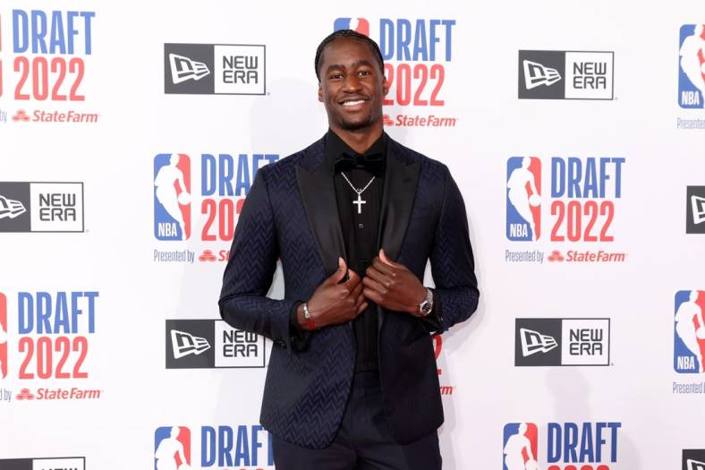 Jun 23, 2022; Brooklyn, NY, USA; AJ Griffin (Duke) poses for photos on the red carpet before the 2022 NBA Draft at Barclays Center. Mandatory Credit: Brad Penner-USA TODAY Sports