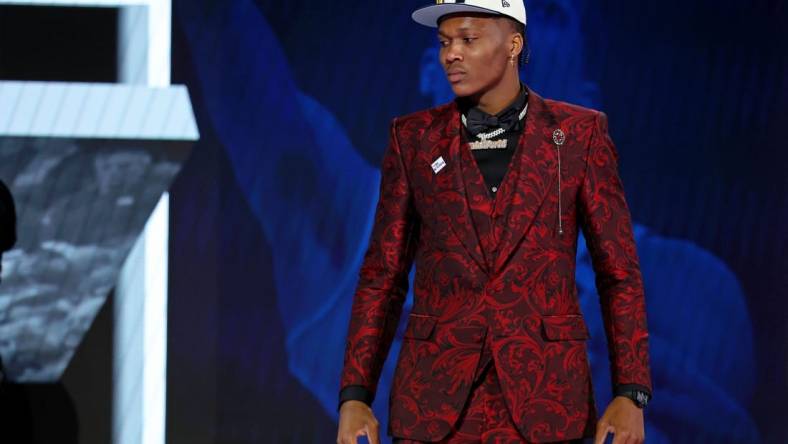 Jun 23, 2022; Brooklyn, NY, USA; Bennedict Mathurin (Arizona) reacts after being selected as the number six overall pick by the Indiana Pacers in the first round of the 2022 NBA Draft at Barclays Center. Mandatory Credit: Brad Penner-USA TODAY Sports