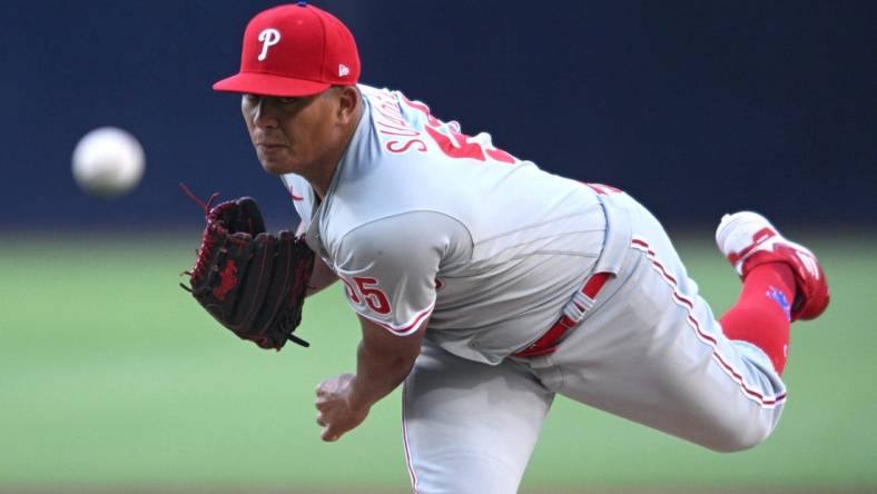 Jun 23, 2022; San Diego, California, USA; Philadelphia Phillies starting pitcher Ranger Suarez (55) throws a pitch against the San Diego Padres during the first inning at Petco Park. Mandatory Credit: Orlando Ramirez-USA TODAY Sports