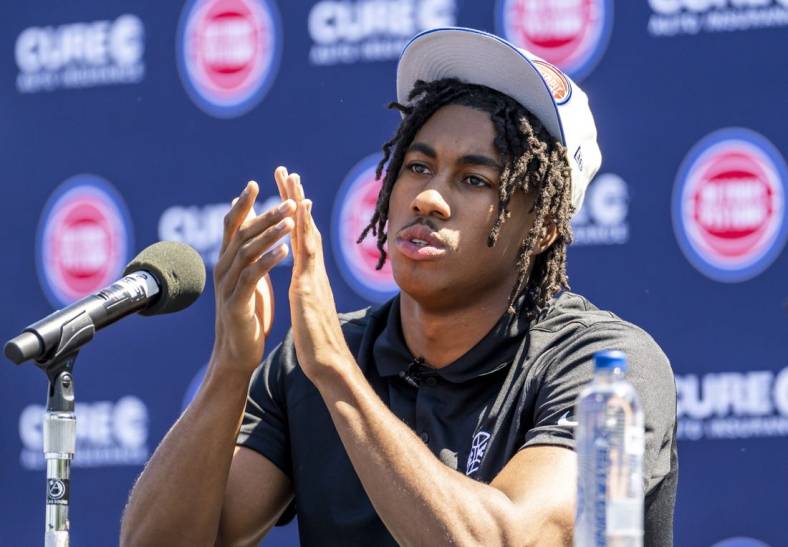 Jun 24, 2022; Detroit, Michigan, USA; Jaden Ivey claps his hands during the Detroit Pistons 2022 NBA Draft Introductory Press Conference. Mandatory Credit: Raj Mehta-USA TODAY Sports