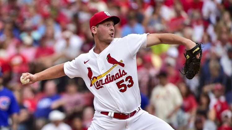 Jun 24, 2022; St. Louis, Missouri, USA; St. Louis Cardinals starting pitcher Andre Pallante (53) pitches against the Chicago Cubs during the first inning at Busch Stadium. Mandatory Credit: Jeff Curry-USA TODAY Sports