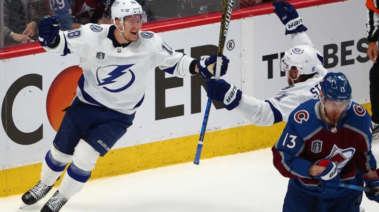 Jun 24, 2022; Denver, Colorado, USA; Tampa Bay Lightning left wing Ondrej Palat (18) celebrates his goal scored against the Colorado Avalanche with center Steven Stamkos (91) during the third period in game five of the 2022 Stanley Cup Final at Ball Arena. Mandatory Credit: Mark J. Rebilas-USA TODAY Sports