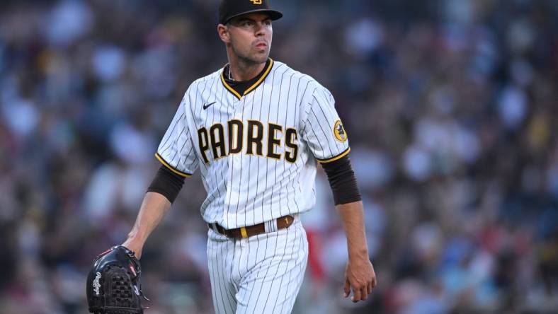 Jun 24, 2022; San Diego, California, USA; San Diego Padres starting pitcher MacKenzie Gore (1) looks on during the third inning against the Philadelphia Phillies at Petco Park. Mandatory Credit: Orlando Ramirez-USA TODAY Sports