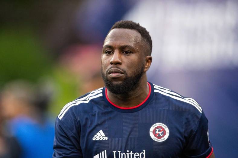 Jun 19, 2022; Foxborough, Massachusetts, USA; New England Revolution forward Jozy Altidore (14) reacts during the second half against Minnesota United FC at Gillette Stadium. Mandatory Credit: Paul Rutherford-USA TODAY Sports