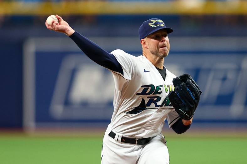 Jun 25, 2022; St. Petersburg, Florida, USA; Tampa Bay Rays starting pitcher Corey Kluber (28) throws a pitch in the first inning against the Pittsburgh Pirates at Tropicana Field. Mandatory Credit: Nathan Ray Seebeck-USA TODAY Sports