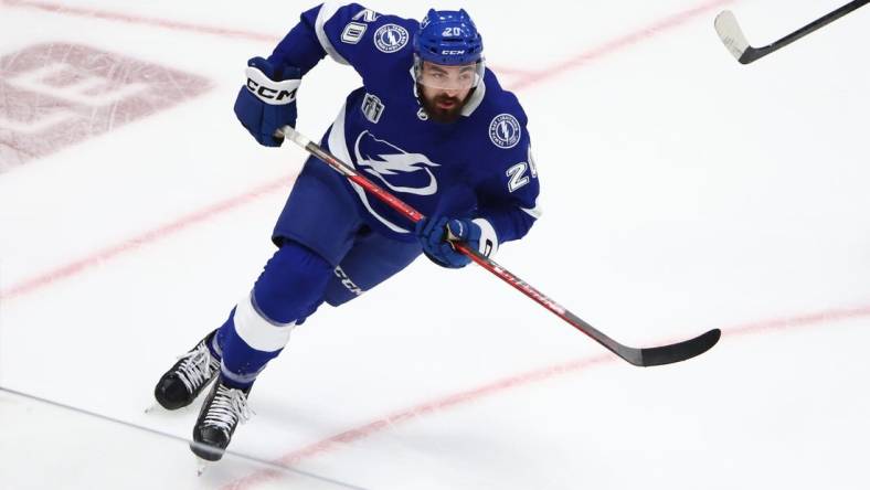 Jun 22, 2022; Tampa, Florida, USA; Tampa Bay Lightning left wing Nicholas Paul (20) against the Colorado Avalanche during game four of the 2022 Stanley Cup Final at Amalie Arena. Mandatory Credit: Mark J. Rebilas-USA TODAY Sports