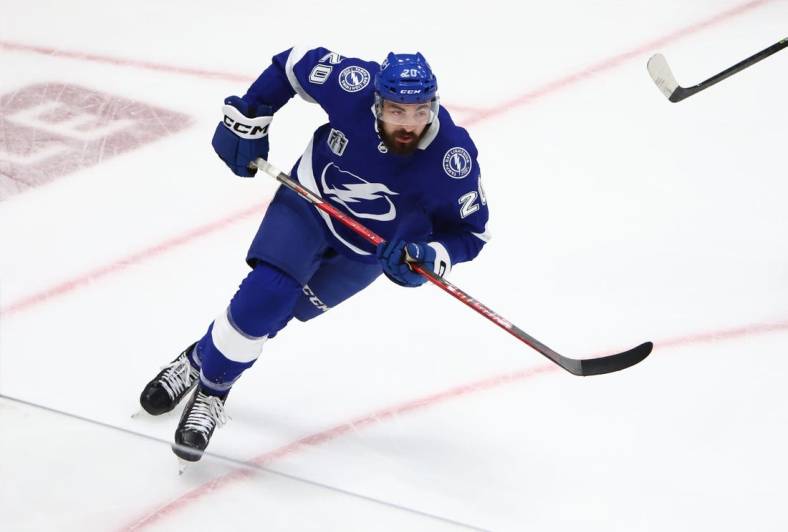 Jun 22, 2022; Tampa, Florida, USA; Tampa Bay Lightning left wing Nicholas Paul (20) against the Colorado Avalanche during game four of the 2022 Stanley Cup Final at Amalie Arena. Mandatory Credit: Mark J. Rebilas-USA TODAY Sports