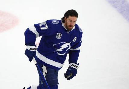 Jun 22, 2022; Tampa, Florida, USA; Tampa Bay Lightning defenseman Ryan McDonagh (27) against the Colorado Avalanche during game four of the 2022 Stanley Cup Final at Amalie Arena. Mandatory Credit: Mark J. Rebilas-USA TODAY Sports