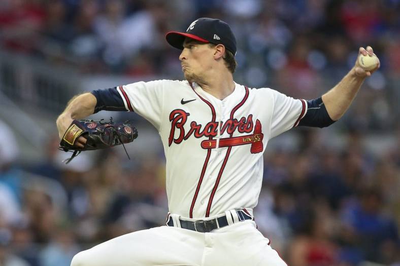 Jun 25, 2022; Atlanta, Georgia, USA; Atlanta Braves starting pitcher Max Fried (54) throws against the Los Angeles Dodgers in the fourth inning at Truist Park. Mandatory Credit: Brett Davis-USA TODAY Sports