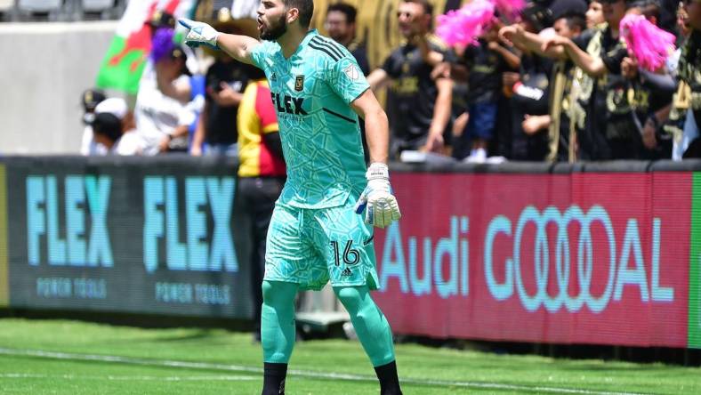 Jun 26, 2022; Los Angeles, California, USA; Los Angeles FC goalkeeper Maxime Crepeau (16) defends the goal against New York Red Bulls during the first half at Banc of California Stadium. Mandatory Credit: Gary A. Vasquez-USA TODAY Sports