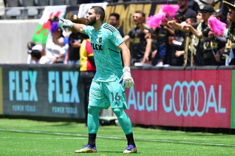 Jun 26, 2022; Los Angeles, California, USA; Los Angeles FC goalkeeper Maxime Crepeau (16) defends the goal against New York Red Bulls during the first half at Banc of California Stadium. Mandatory Credit: Gary A. Vasquez-USA TODAY Sports
