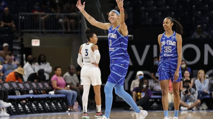 Jun 26, 2022; Chicago, Illinois, USA; Chicago Sky forward Candace Parker (3) reacts after receiving a technical foul during the first half of a WNBA game against the Minnesota Lynx at Wintrust Arena. Mandatory Credit: Kamil Krzaczynski-USA TODAY Sports