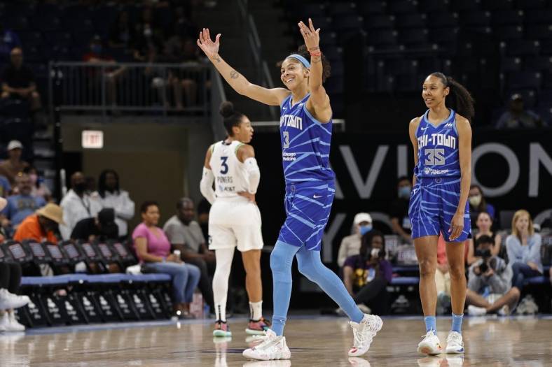 Jun 26, 2022; Chicago, Illinois, USA; Chicago Sky forward Candace Parker (3) reacts after receiving a technical foul during the first half of a WNBA game against the Minnesota Lynx at Wintrust Arena. Mandatory Credit: Kamil Krzaczynski-USA TODAY Sports