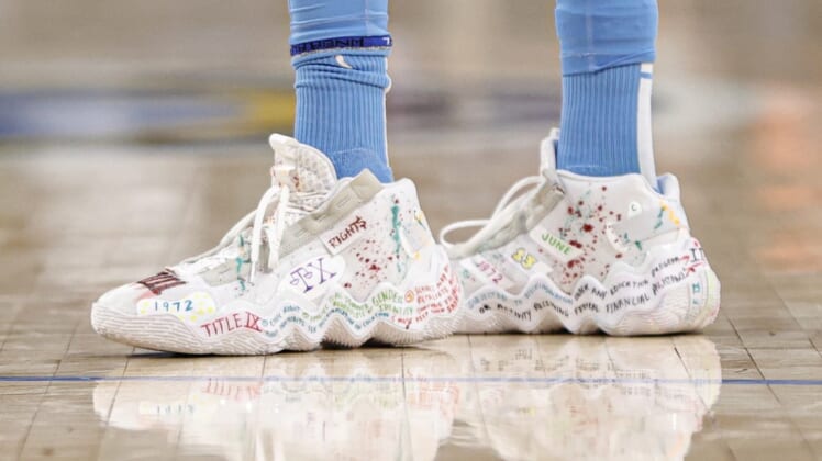 Jun 26, 2022; Chicago, Illinois, USA; Chicago Sky forward Candace Parker (3) shoes are seen during the first half of a WNBA game at Wintrust Arena. Mandatory Credit: Kamil Krzaczynski-USA TODAY Sports