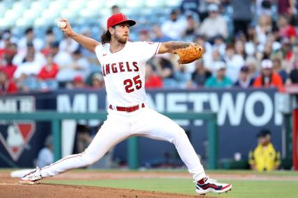 Jun 24, 2022; Anaheim, California, USA; Los Angeles Angels starting pitcher Michael Lorenzen (25) pitches during the game against the Seattle Mariners at Angel Stadium. Mandatory Credit: Kiyoshi Mio-USA TODAY Sports
