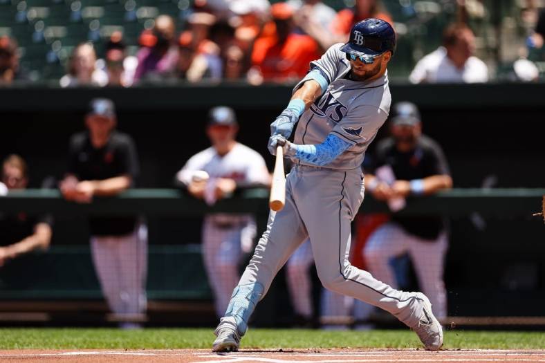 Jun 19, 2022; Baltimore, Maryland, USA; Tampa Bay Rays center fielder Kevin Kiermaier (39) singles against the Baltimore Orioles during the first inning at Oriole Park at Camden Yards. Mandatory Credit: Scott Taetsch-USA TODAY Sports