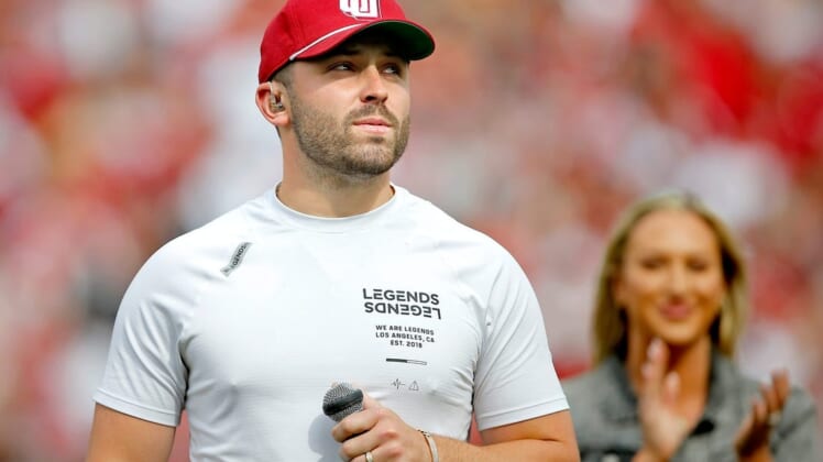 Former OU quarterback Baker Mayfield speaks to the crowd at Owen Field on April 23 in Norman.cutout