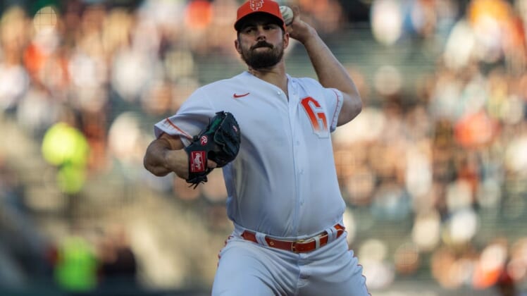 Jun 28, 2022; San Francisco, California, USA; San Francisco Giants starting pitcher Carlos Rodon (16) pitches during the first inning against the Detroit Tigers at Oracle Park. Mandatory Credit: Stan Szeto-USA TODAY Sports