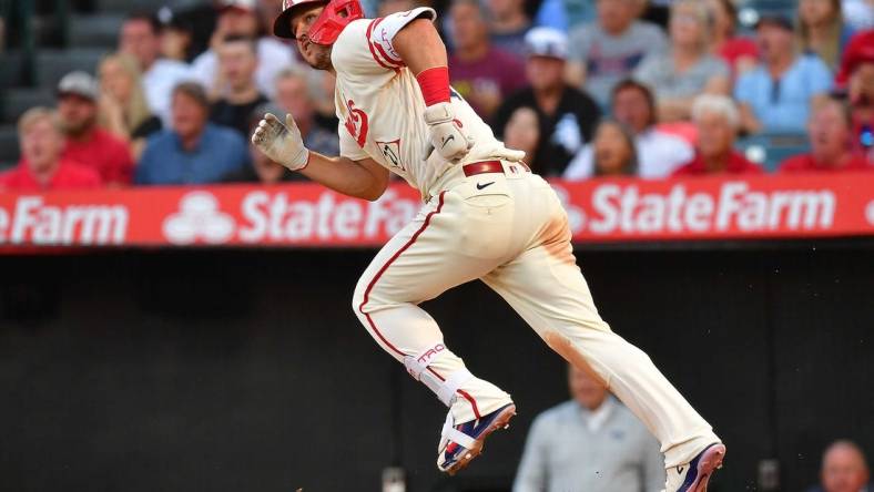 June 28, 2022; Anaheim, California, USA; Los Angeles Angels center fielder Mike Trout (27) runs after hitting a solo home run against the Chicago White Sox during the third inning at Angel Stadium. Mandatory Credit: Gary A. Vasquez-USA TODAY Sports