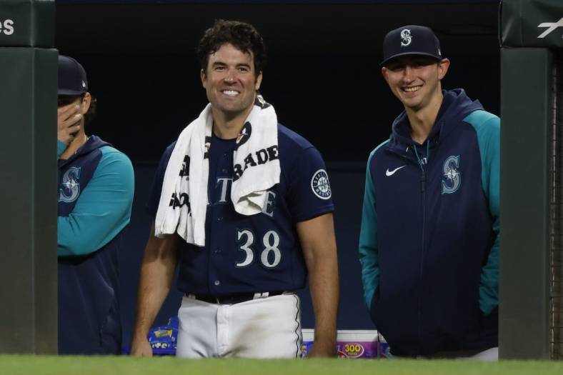Jun 28, 2022; Seattle, Washington, USA; Seattle Mariners starting pitcher Robbie Ray (38) and starting pitcher George Kirby (68, right) stand in the dugout during the seventh inning against the Baltimore Orioles at T-Mobile Park. Mandatory Credit: Joe Nicholson-USA TODAY Sports