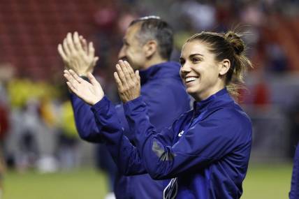 Jun 28, 2022; Sandy, Utah, USA; USA forward Alex Morgan (13) thanks fans after their game against Columbia in an international friendly soccer match at Rio Tinto Stadium. Mandatory Credit: Jeffrey Swinger-USA TODAY Sports