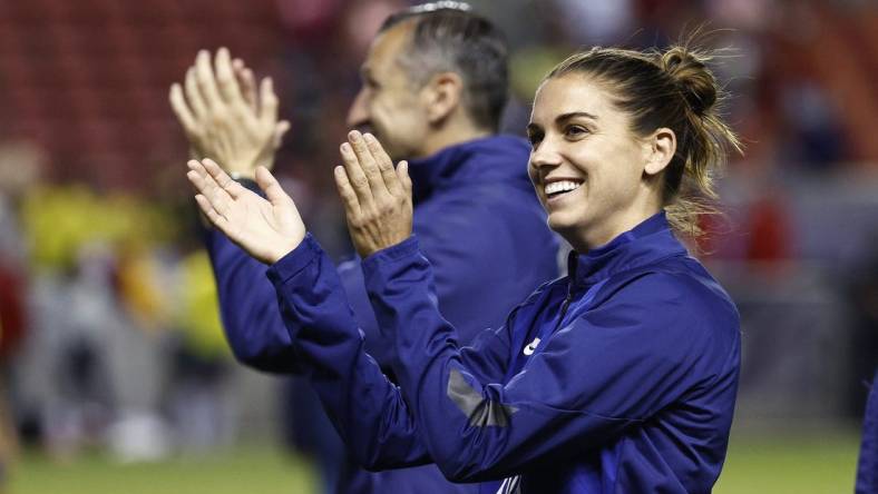 Jun 28, 2022; Sandy, Utah, USA; USA forward Alex Morgan (13) thanks fans after their game against Columbia in an international friendly soccer match at Rio Tinto Stadium. Mandatory Credit: Jeffrey Swinger-USA TODAY Sports