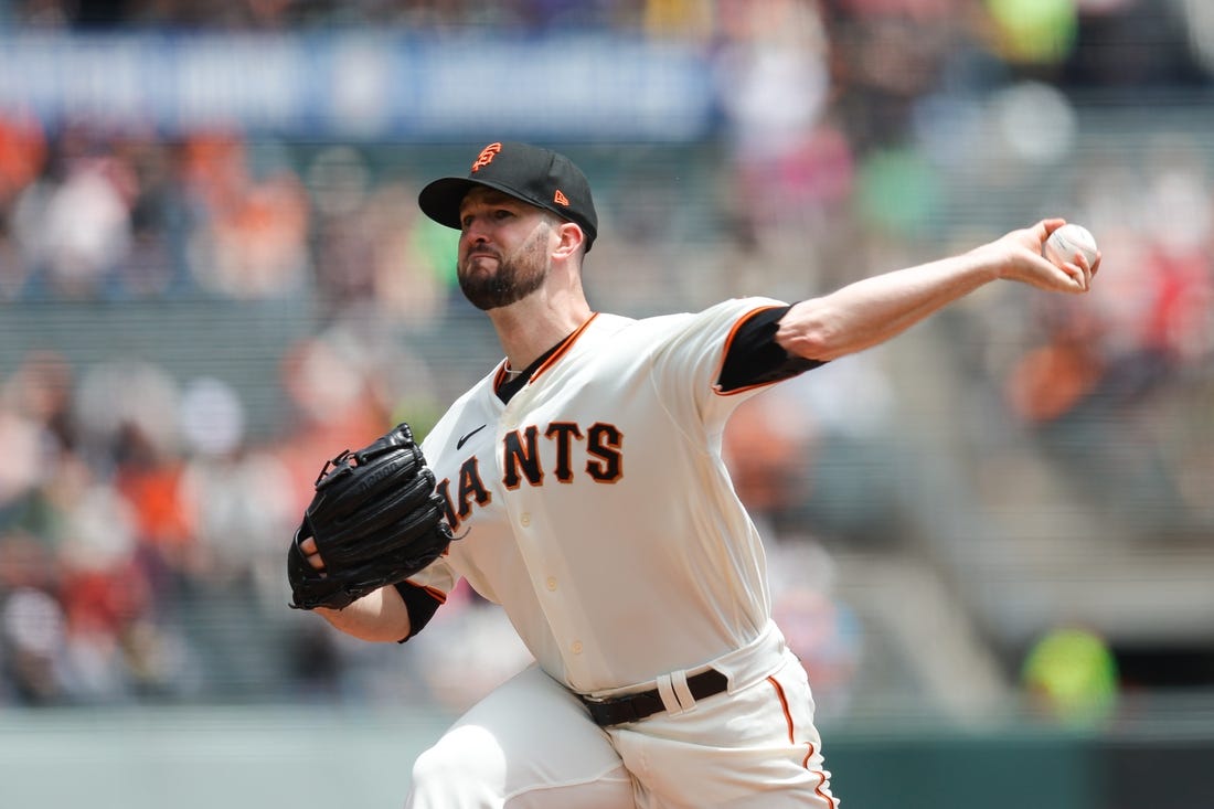 Jun 29, 2022; San Francisco, California, USA;  San Francisco Giants starting pitcher Alex Wood (57) throws a pitch during the first inning against the Detroit Tigers at Oracle Park. Mandatory Credit: Sergio Estrada-USA TODAY Sports