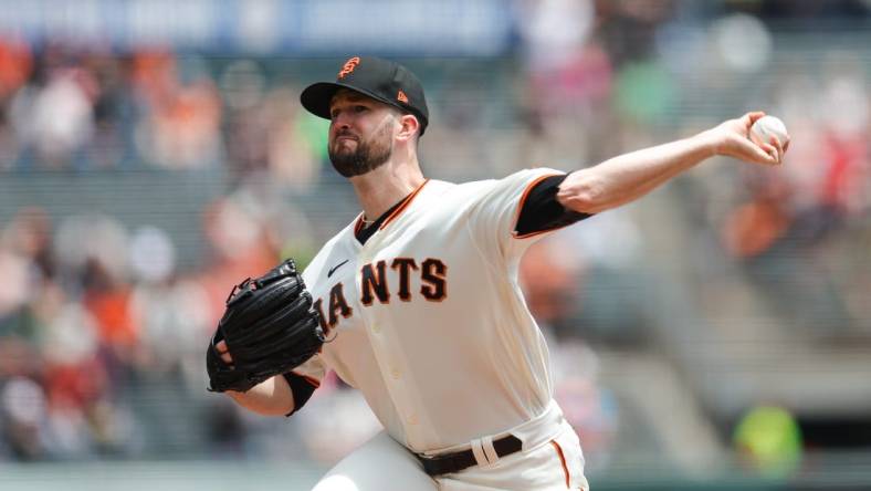 Jun 29, 2022; San Francisco, California, USA;  San Francisco Giants starting pitcher Alex Wood (57) throws a pitch during the first inning against the Detroit Tigers at Oracle Park. Mandatory Credit: Sergio Estrada-USA TODAY Sports