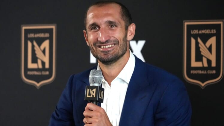 Jun 29, 2022; Los Angeles, California, USA; LAFC defender Giorgio Chiellini is introduced at a press conference at Banc of California Stadium. Mandatory Credit: Kirby Lee-USA TODAY Sports
