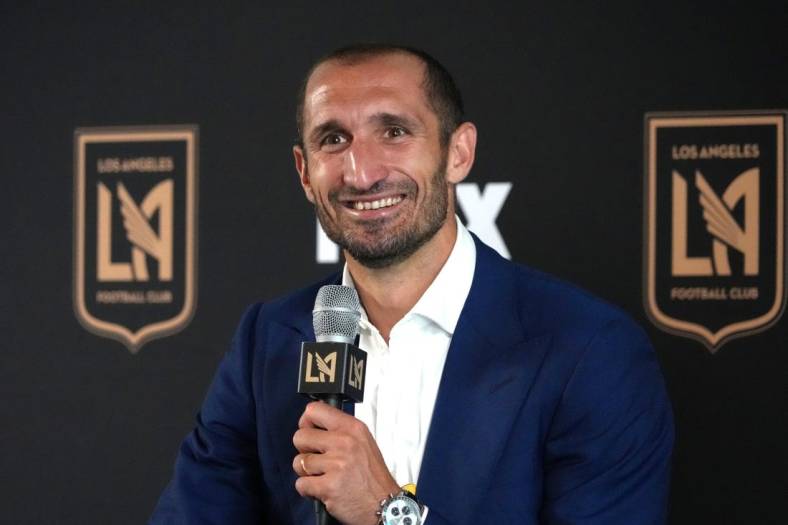 Jun 29, 2022; Los Angeles, California, USA; LAFC defender Giorgio Chiellini is introduced at a press conference at Banc of California Stadium. Mandatory Credit: Kirby Lee-USA TODAY Sports