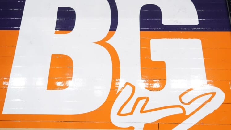 Jun 29, 2022; Phoenix, Arizona, USA; BG42 signage is shown on the court at Footprint Center in support of Phoenix Mercury center Brittney Griner (not pictured) prior to the game between the Phoenix Mercury and the Indiana Fever. Mandatory Credit: Joe Camporeale-USA TODAY Sports