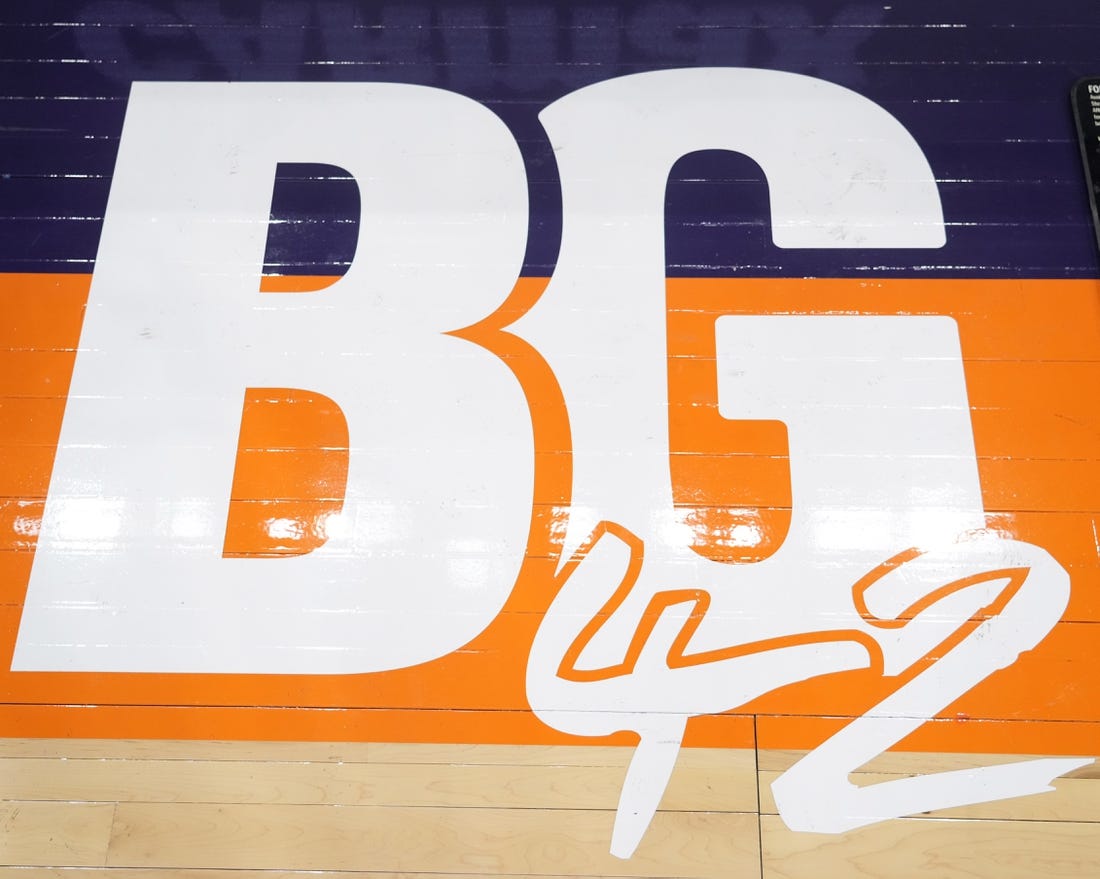 Jun 29, 2022; Phoenix, Arizona, USA; BG42 signage is shown on the court at Footprint Center in support of Phoenix Mercury center Brittney Griner (not pictured) prior to the game between the Phoenix Mercury and the Indiana Fever. Mandatory Credit: Joe Camporeale-USA TODAY Sports