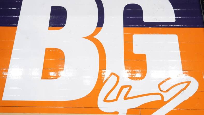 Jun 29, 2022; Phoenix, Arizona, USA; BG42 signage is shown on the court at Footprint Center in support of Phoenix Mercury center Brittney Griner (not pictured) prior to the game between the Phoenix Mercury and the Indiana Fever. Mandatory Credit: Joe Camporeale-USA TODAY Sports